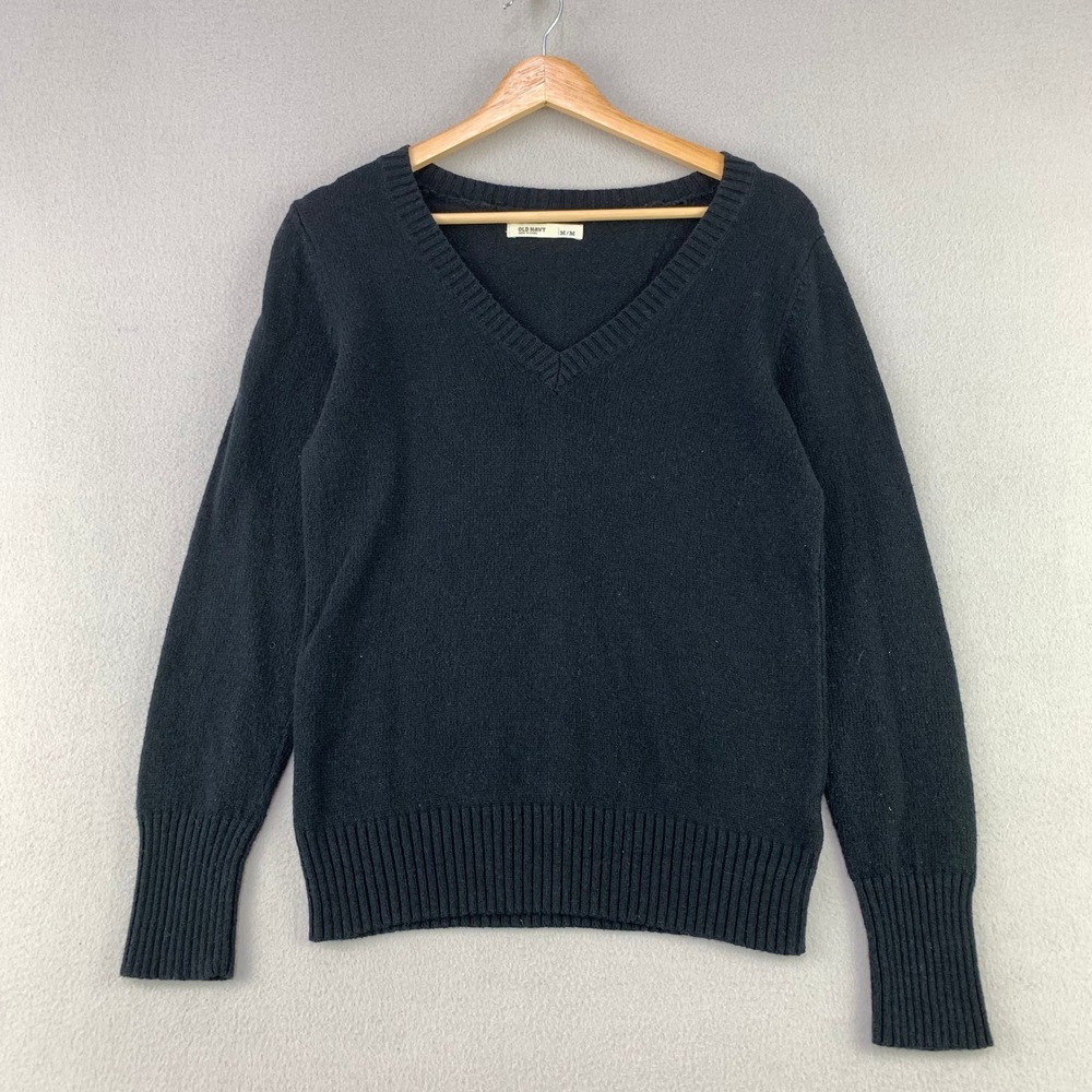 Old Navy Sweater Womens Medium Black Wool Blend Knit V-Neck Pullover Jumper Y2K